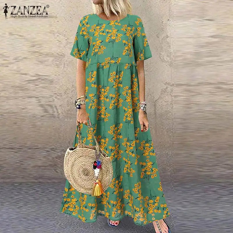 Bohemian Floral Sundress O Neck Short Sleeve Midi Dress
