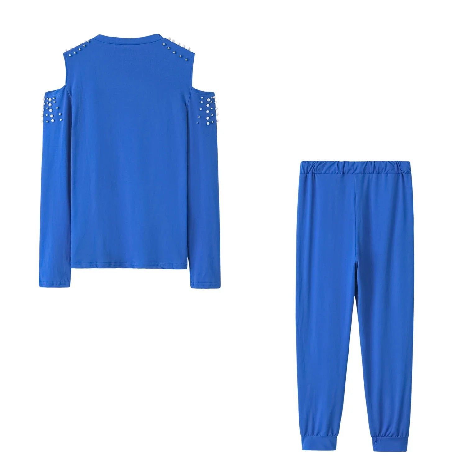 Off the Shoulder Sexy Stud Bead Solid Color Long Sleeve Sports Set