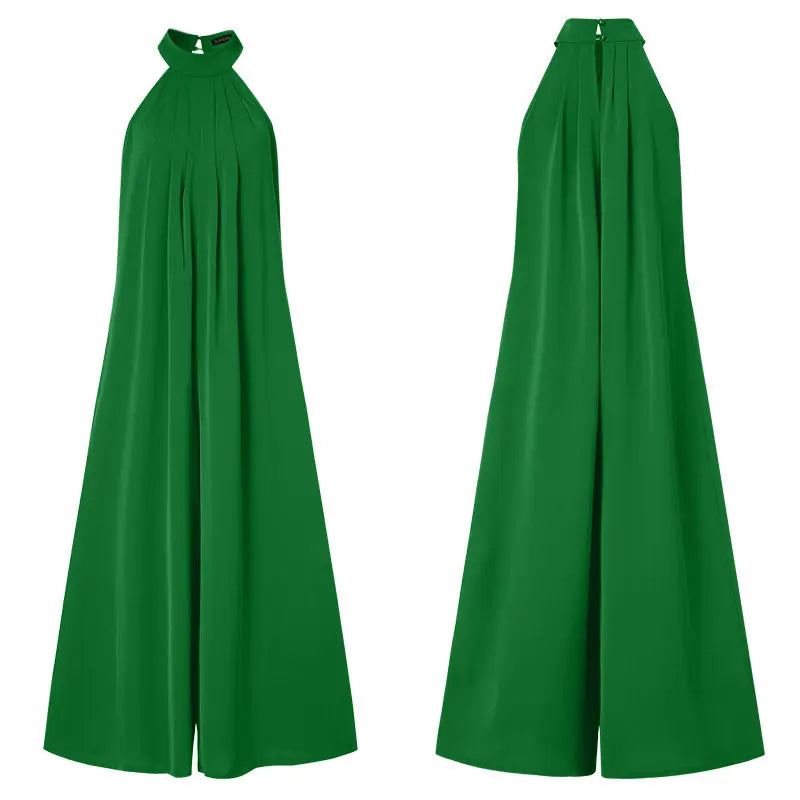 Elegant Sleeveless Wide Leg Jumpsuit for Women Party Casual Holiday Maxi Romper with Stand Collar and Back Button Closure