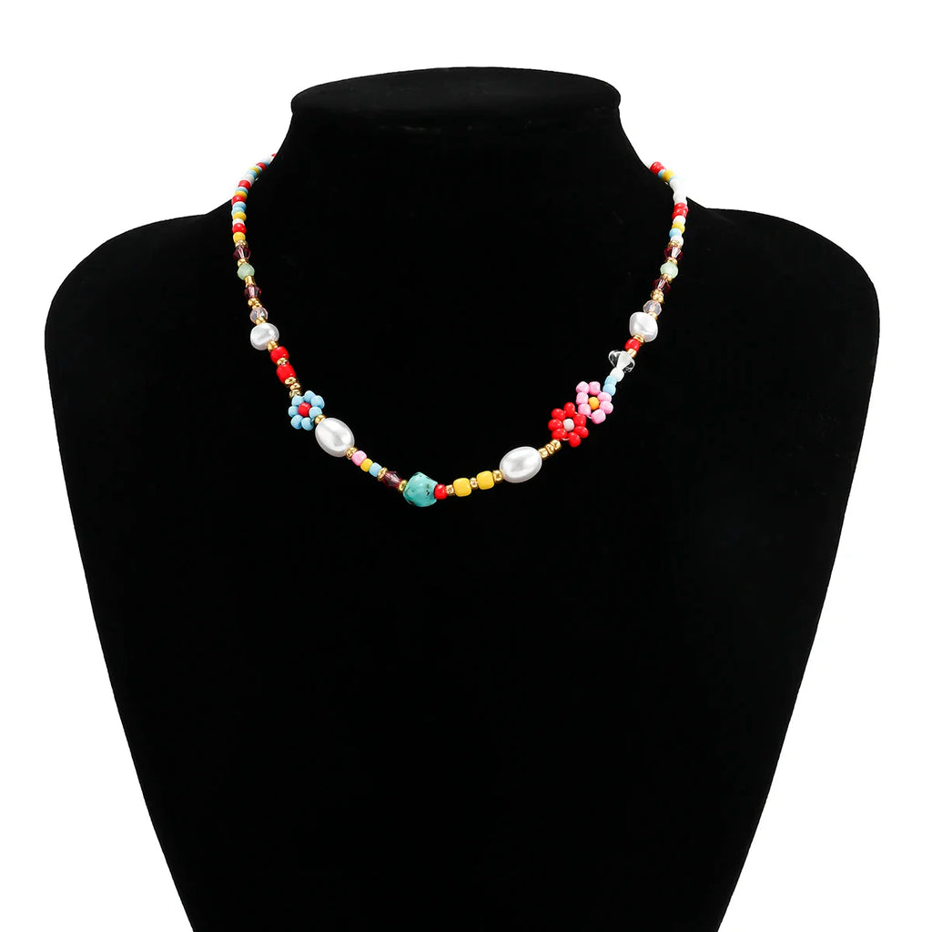 Baroque Simulated Pearl Colorful Flower Beaded Choker Necklace for Women and Girls