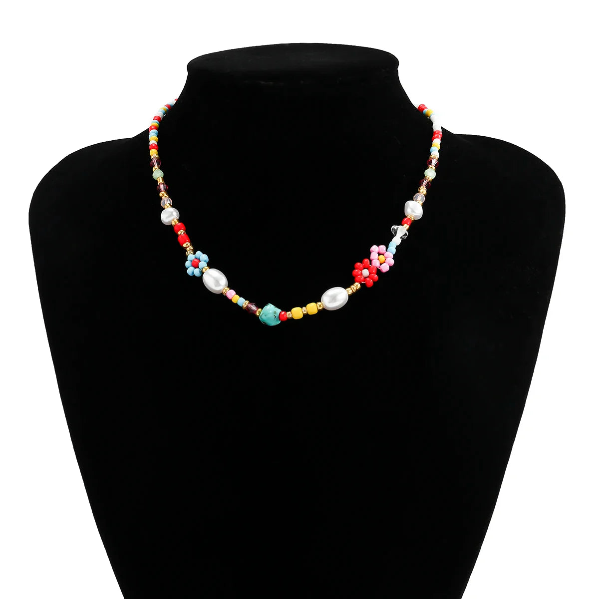 Baroque Simulated Pearl Colorful Flower Beaded Choker Necklace for Women and Girls