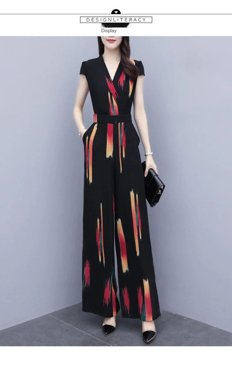 Women's Elegant V-Neck Bodysuit Jumpsuit with High Waist Wide Leg Pants Casual Printed Playsuit Romper