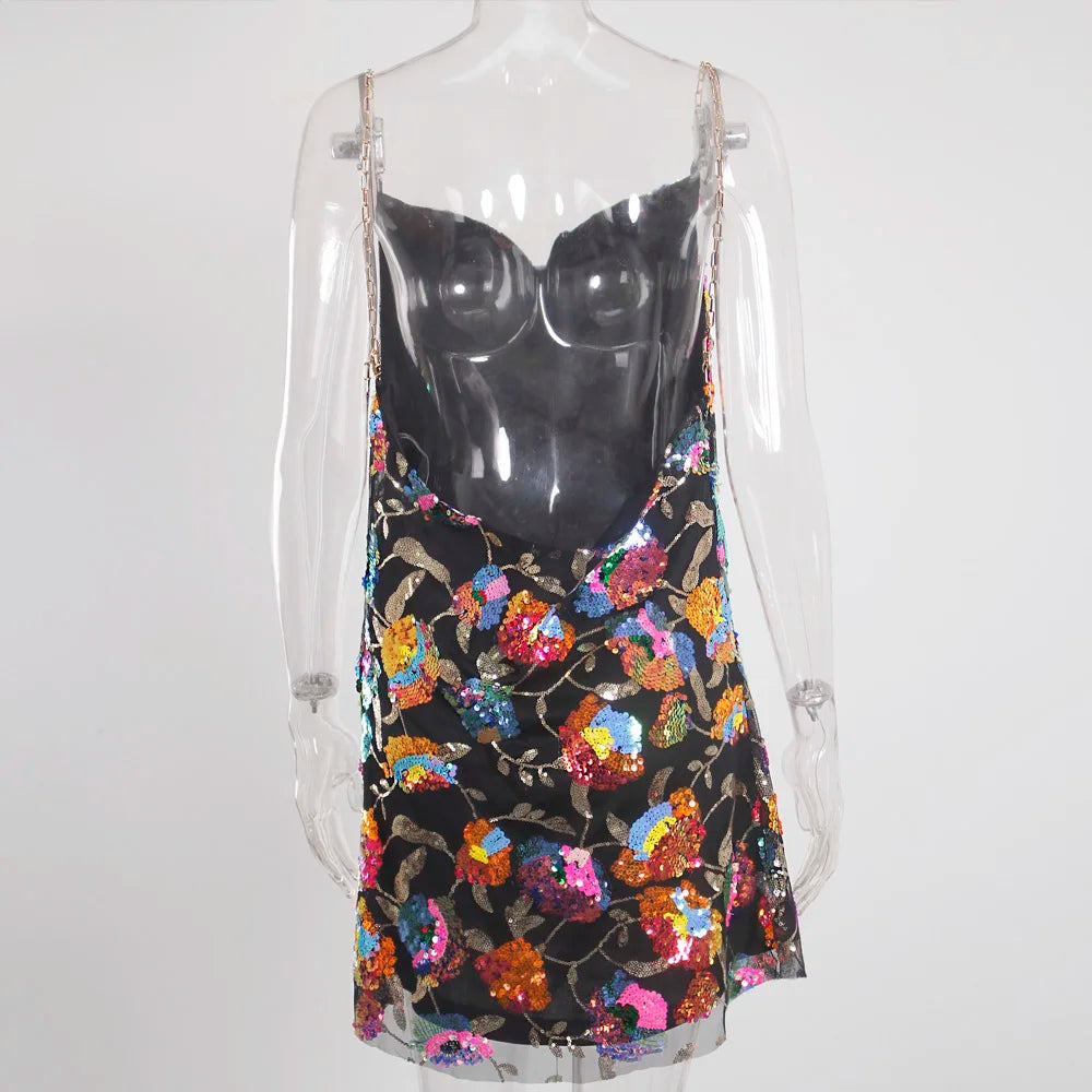 Floral Sequined Backless Mini Dress For Night Out Clubbing