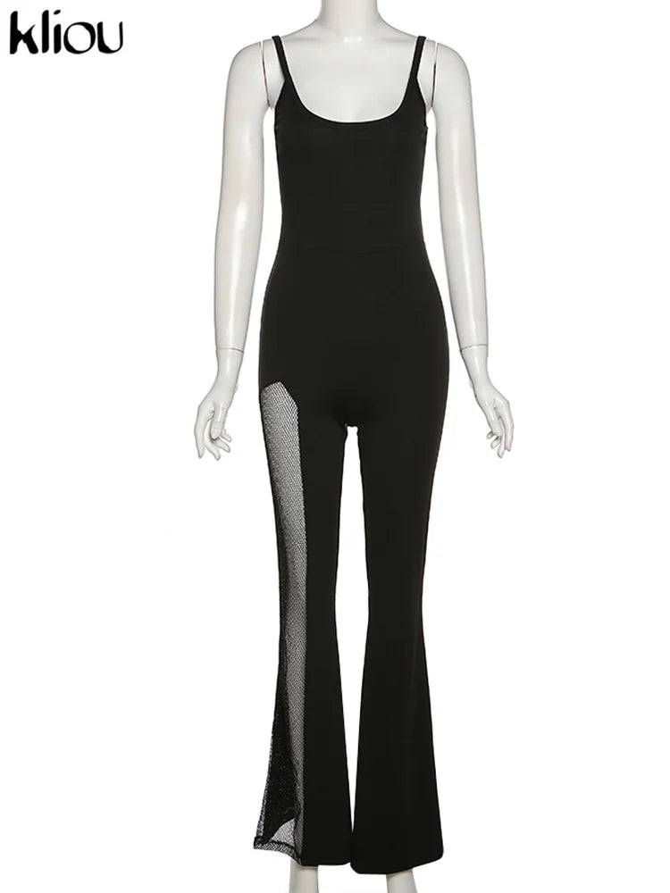 Shiny Silver Mesh Patchwork Jumpsuit for Women Sleeveless Hipster One Piece Twinkle High Streetwear