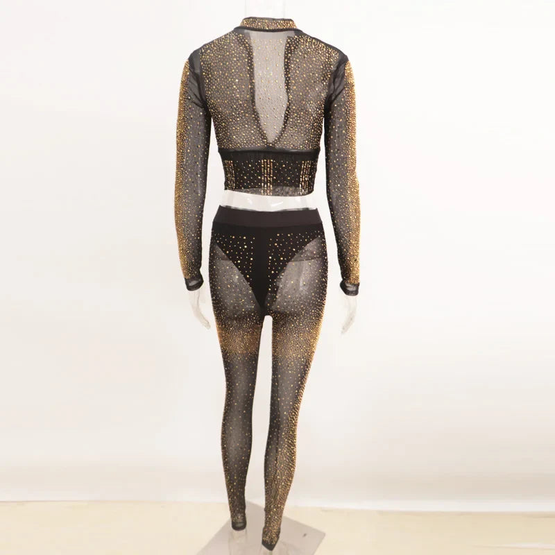 Sexy Black Diamond Crystal Pant Set for Women with Long Sleeve Zipper Top and Sheer Pants Suit for Parties and Clubs