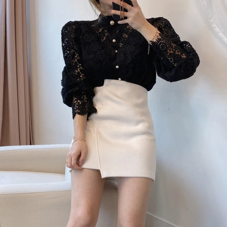 Elegant Hollow Out Long Sleeve Women Blouse with Petal Sleeves and Stand Collar, Stylish Office Shirt for Autumn Fashion