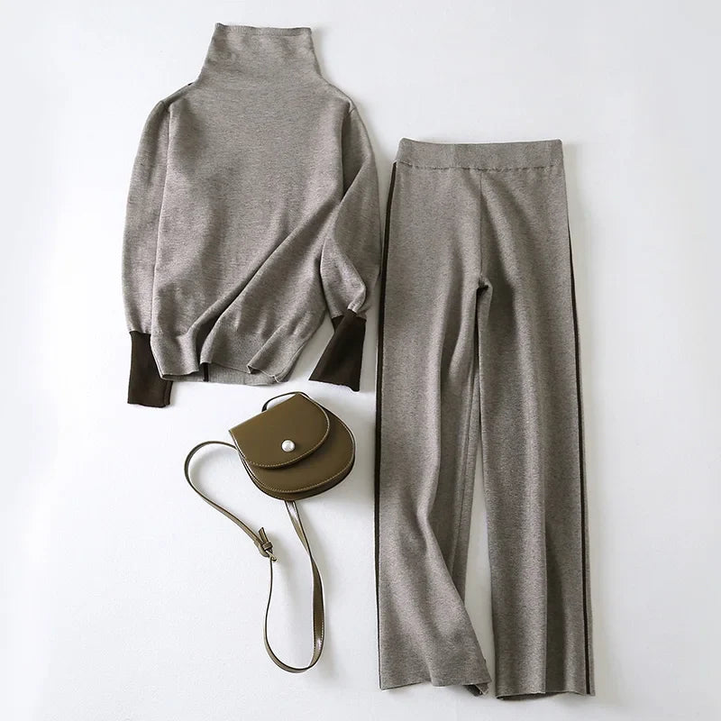 Knitted Sweater Suit Set for Women with Long Sleeve Pullover and Wide Leg Pants for Autumn and Winter Warmth