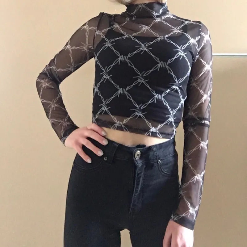 Sexy Long Sleeve Mesh Crop Top with Chain Print for Women - Vintage Fishnet Streetwear Tee Shirt