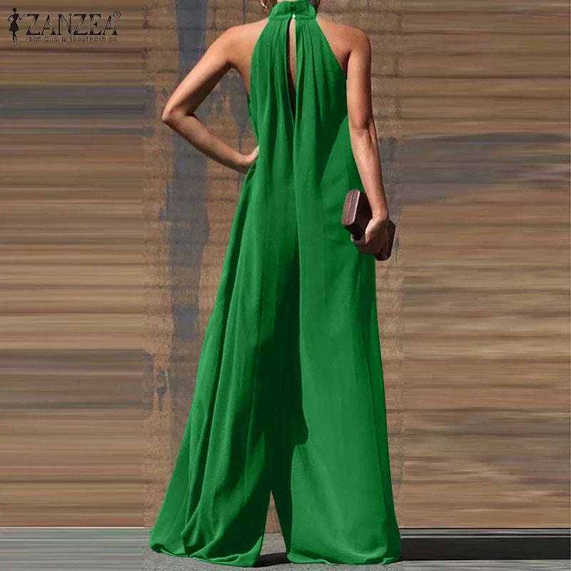 Elegant Sleeveless Wide Leg Jumpsuit for Women Party Casual Holiday Maxi Romper with Stand Collar and Back Button Closure