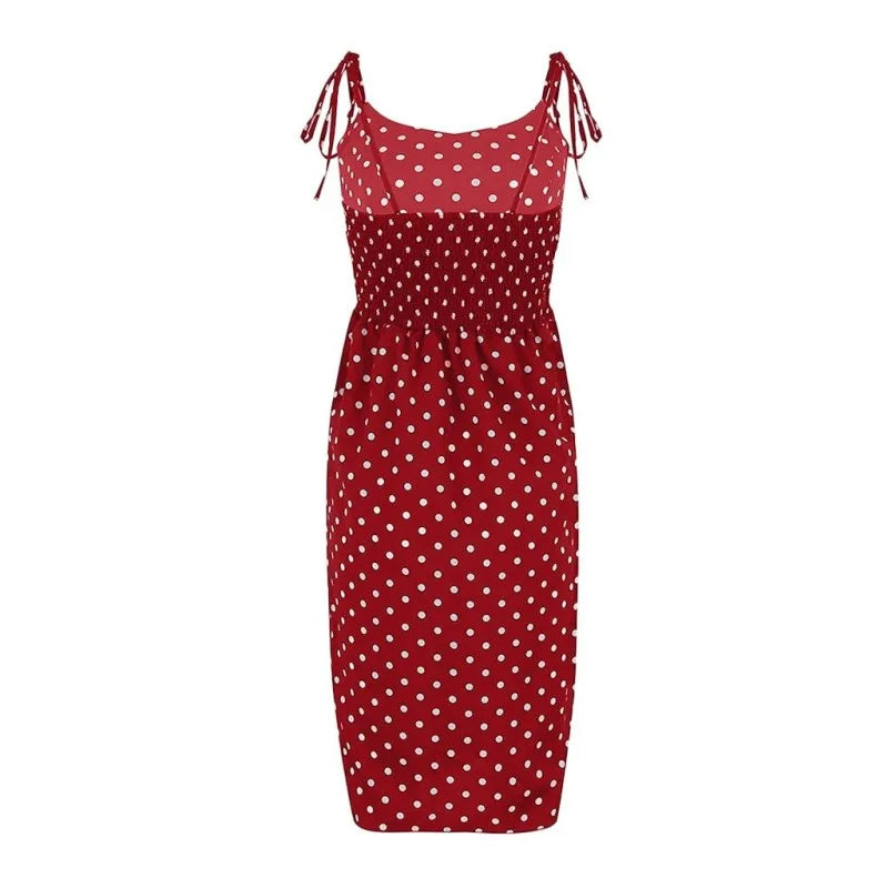 Polka Dot Sleeveless Sundress With Elastic Waist V Neck