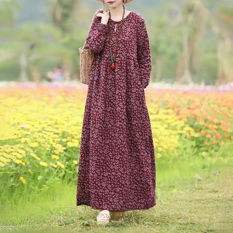 Floral Print Maxi Dress With Long Sleeves O Neck Boho Style