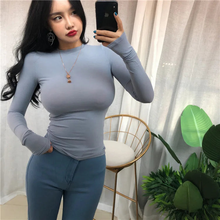 Slim Fit Long Sleeve Casual T Shirt for Women in Korean Style