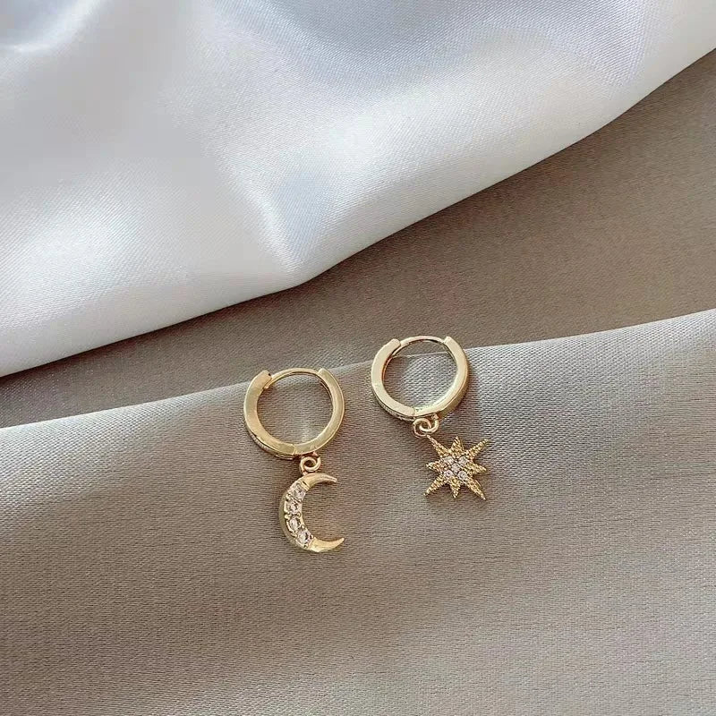 925 Sterling Silver CZ Star Moon Asymmetric Hoop Earrings for Women and Girls Party Jewelry Gifts