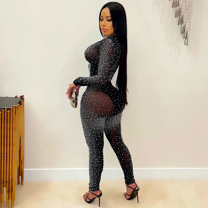 Sexy Black Diamond Crystal Pant Set for Women with Long Sleeve Zipper Top and Sheer Pants Suit for Parties and Clubs