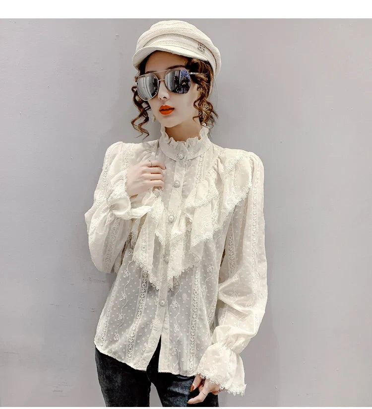 Elegant Women Long Sleeve Loose Button Shirt with Stand Collar Pleated Design Ruffle Lace Blouse Casual Spring Fashion Top