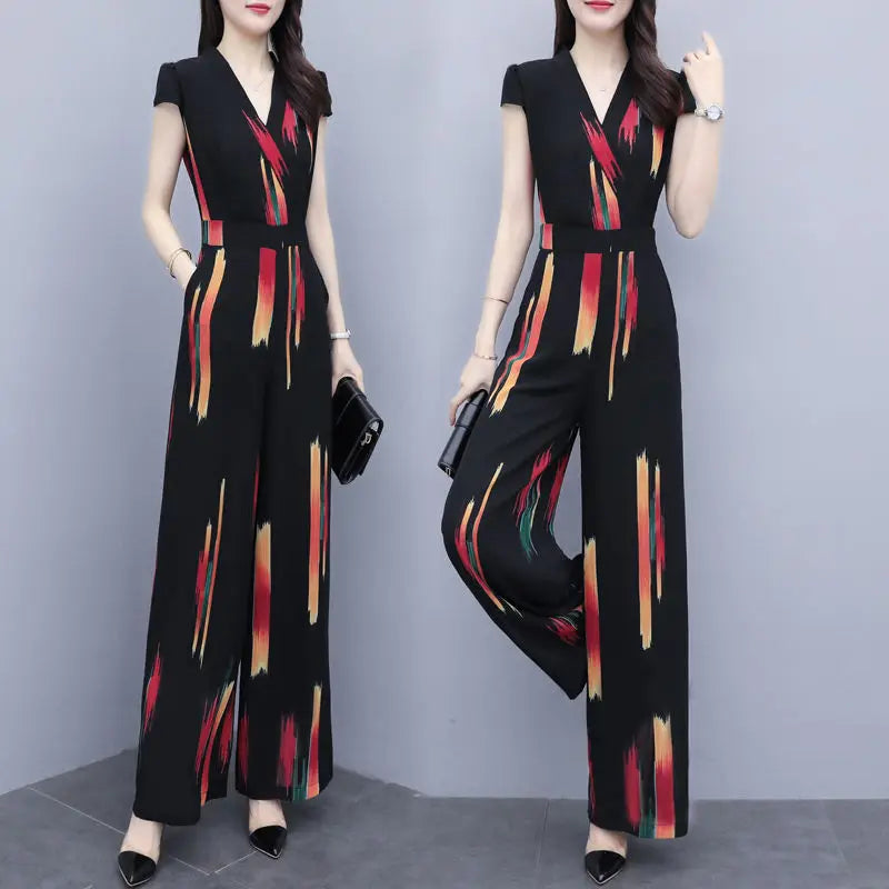 Women's Elegant V-Neck Bodysuit Jumpsuit with High Waist Wide Leg Pants Casual Printed Playsuit Romper