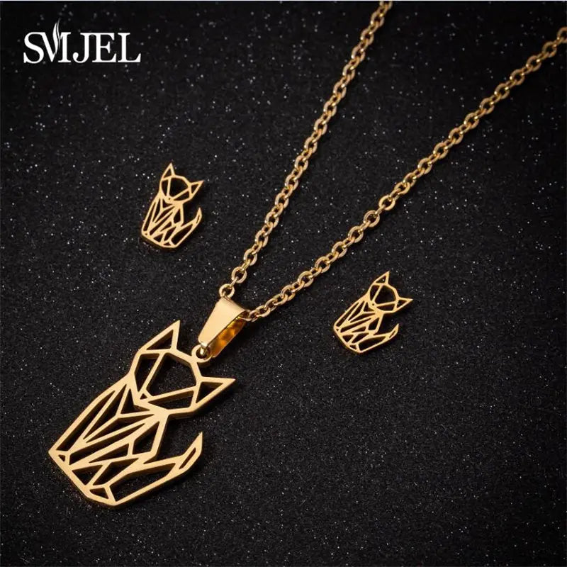 Gold Color Cat Jewelry Set for Men with Hollow Cat Necklace and Paw Earrings