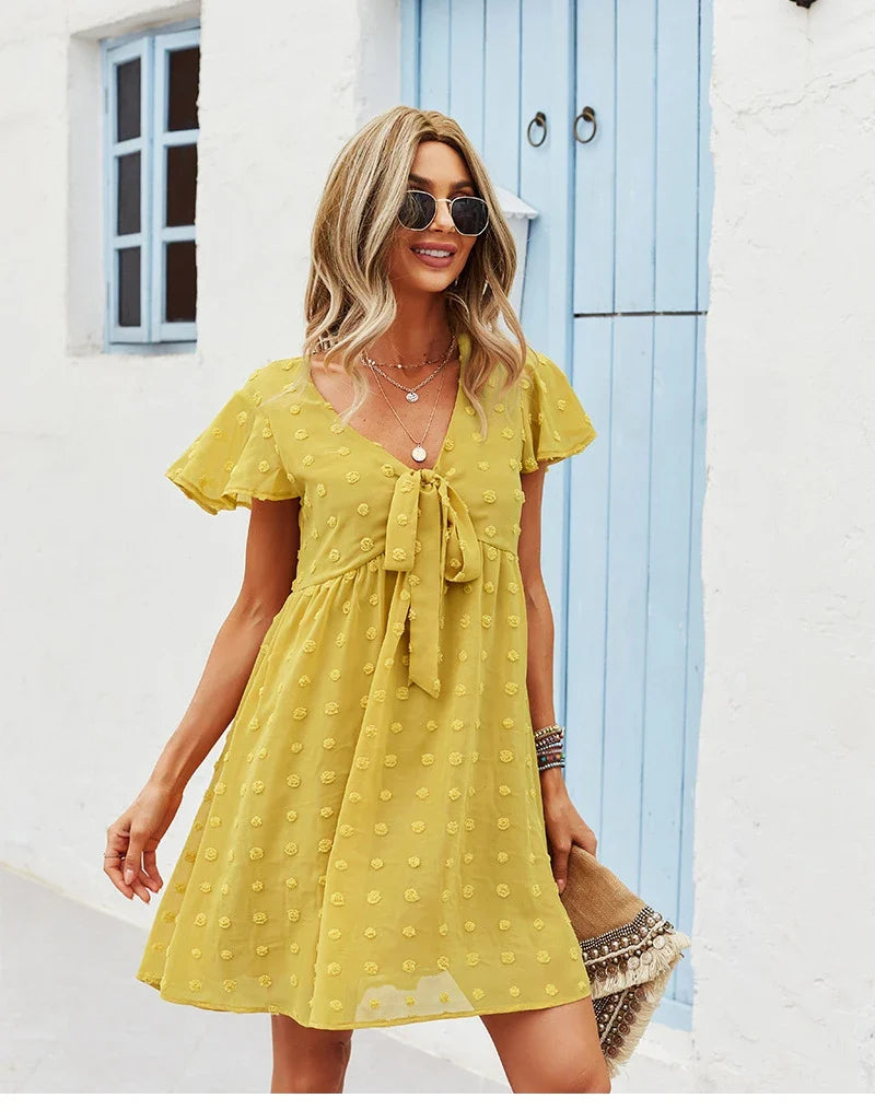 Bandage Dress For Women Solid High Waist Short Sleeve