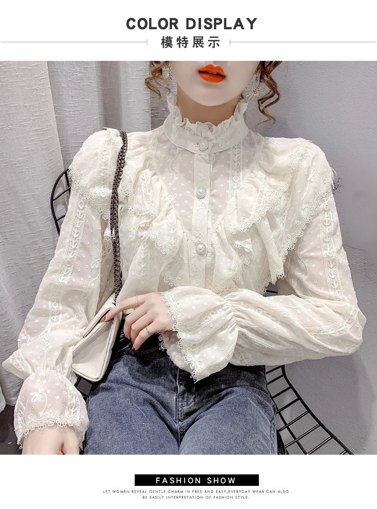 Elegant Women Long Sleeve Loose Button Shirt with Stand Collar Pleated Design Ruffle Lace Blouse Casual Spring Fashion Top