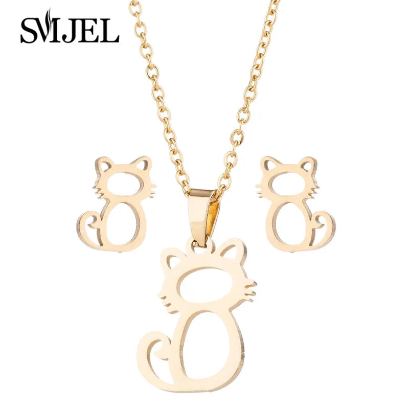 Stainless Steel Dog Paw Necklace and Earring Set for Women Cute Cat Pendant Jewelry Gift