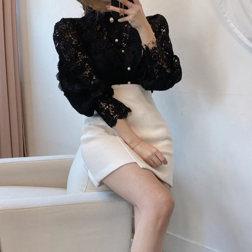 Elegant Hollow Out Long Sleeve Women Blouse with Petal Sleeves and Stand Collar, Stylish Office Shirt for Autumn Fashion