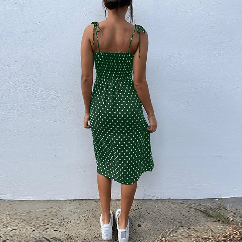 Polka Dot Sleeveless Sundress With Elastic Waist V Neck