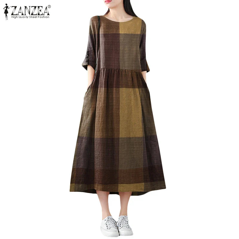 Cotton Linen Dress Plaid Midi With Side Pockets O Neck