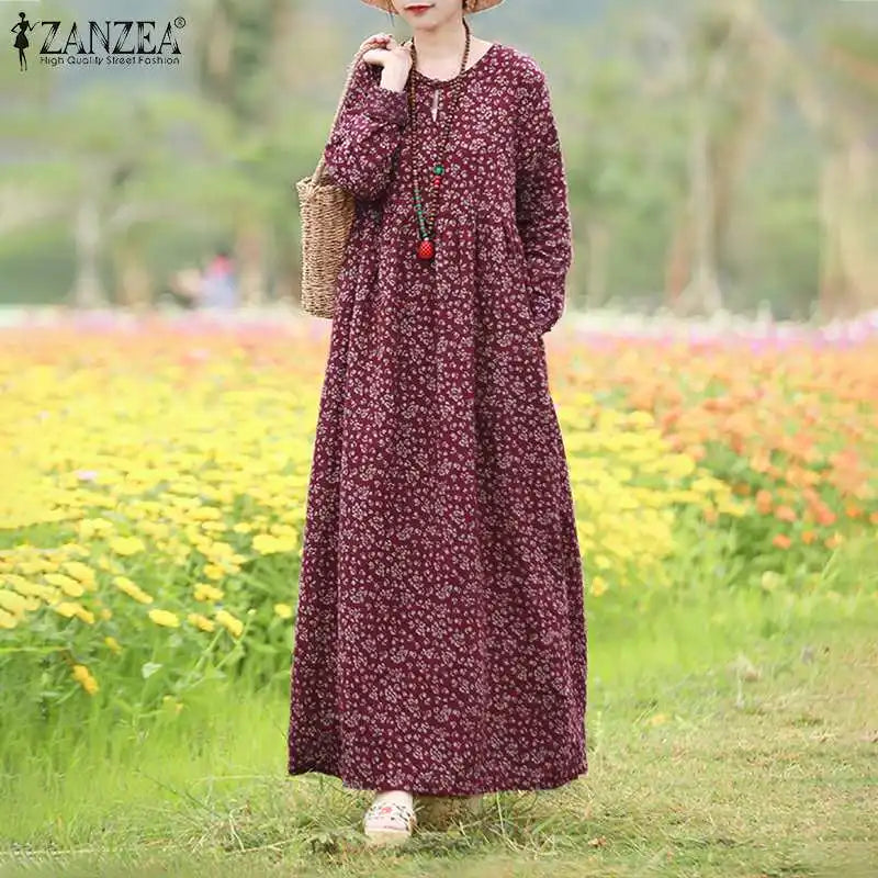 Floral Print Maxi Dress With Long Sleeves O Neck Boho Style