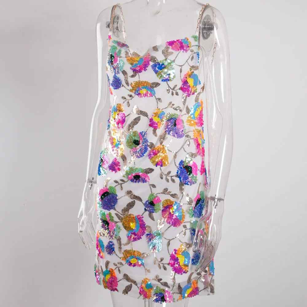 Floral Sequined Backless Mini Dress For Night Out Clubbing