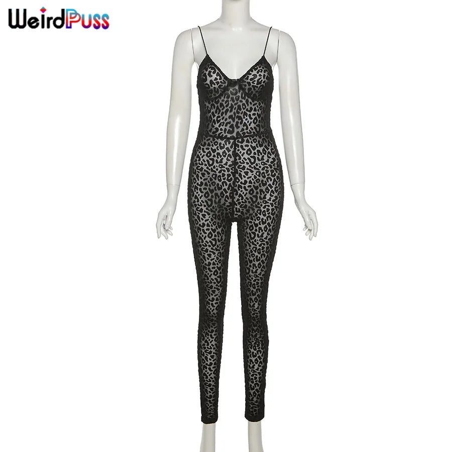 Sexy Leopard Print Skinny Women Jumpsuit Sleeveless Backless Stretch Fit Workout Activewear Party Nightclub Outfit