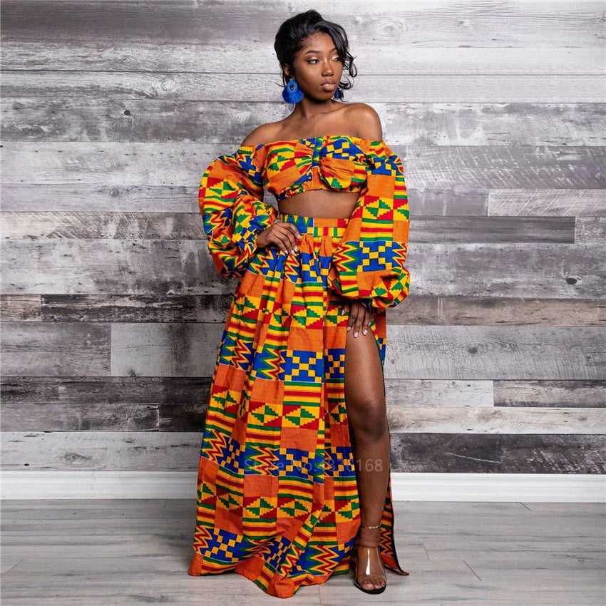 Women's Autumn African Dashiki 2-Piece Set Full Sleeve Off Shoulder Top with Feather Print and Split Skirt Traditional Ethnic Clothing