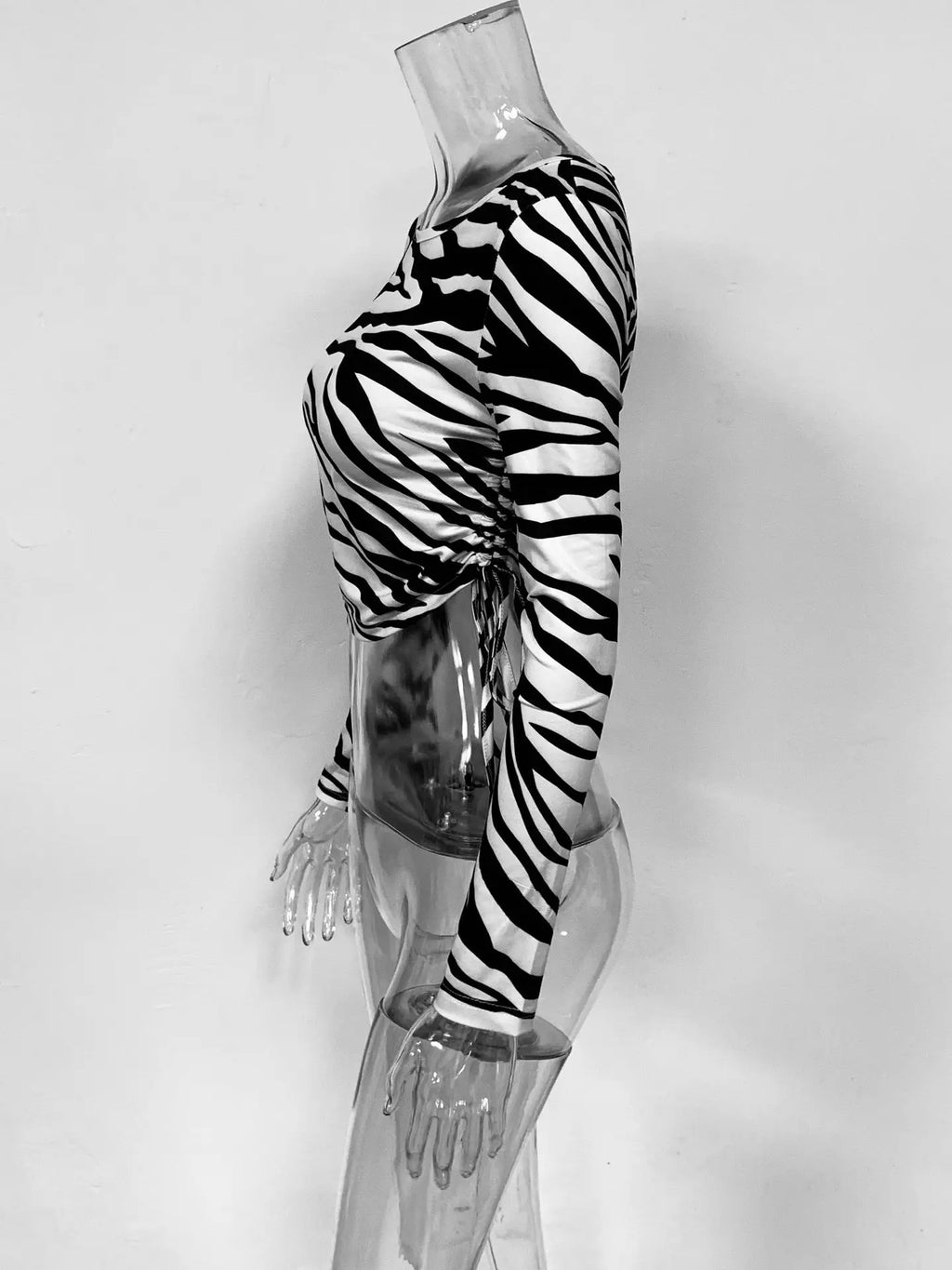 Fashion Women Zebra Stripe Long Sleeve Crop Top with Side Drawstring and Round Collar