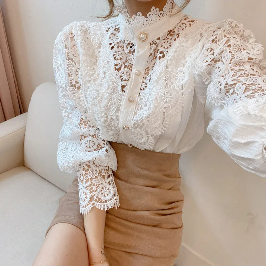 Elegant Hollow Out Long Sleeve Women Blouse with Petal Sleeves and Stand Collar, Stylish Office Shirt for Autumn Fashion