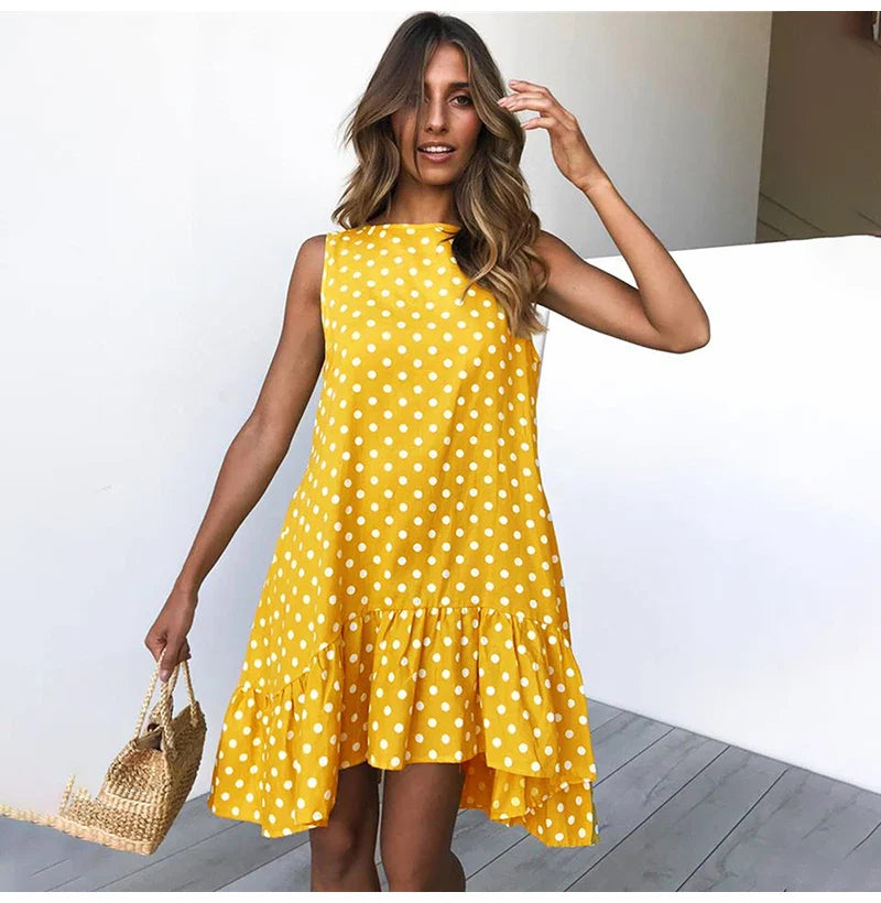 Polka Dot Dress Ruffled Sleeveless Women Round Neck