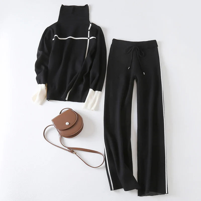 Knitted Sweater Suit Set for Women with Long Sleeve Pullover and Wide Leg Pants for Autumn and Winter Warmth
