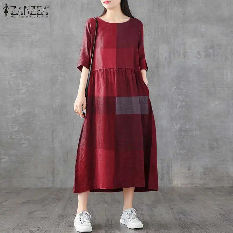 Cotton Linen Dress Plaid Midi With Side Pockets O Neck