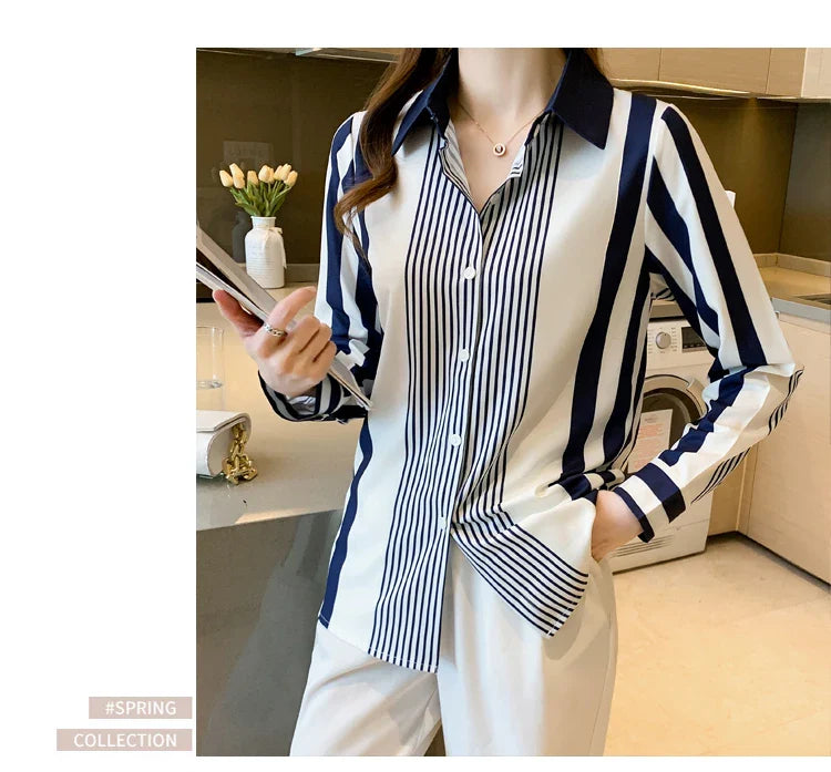 Women's Blue Striped Long Sleeve Shirt Button Up Polo Neck Blouse Casual Leisure Top