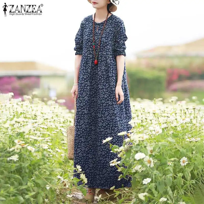 Floral Print Maxi Dress With Long Sleeves O Neck Boho Style