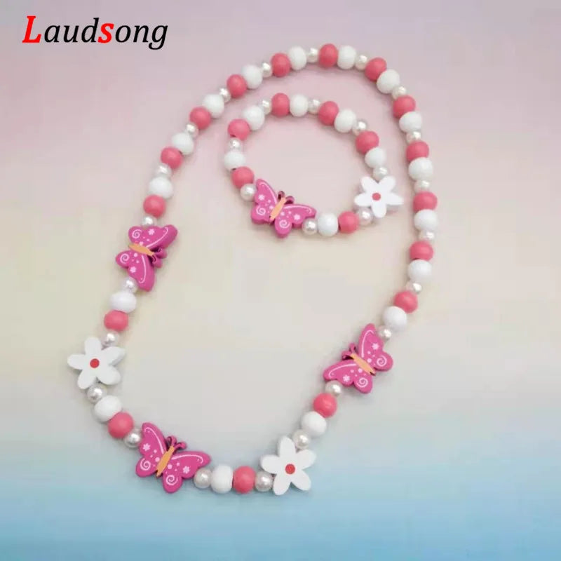 Colorful Cartoon Unicorn Wooden Jewelry Set for Kids Necklace and Bracelet Gifts