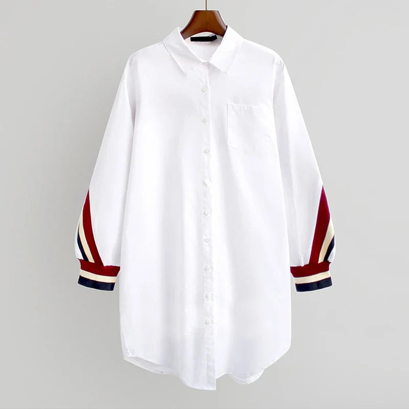 White Oversized Loose Button-Up Stripe Bandage Shirt for Women Long Sleeve Turn-Down Collar Woven Blouse Plus Size Ladies Top