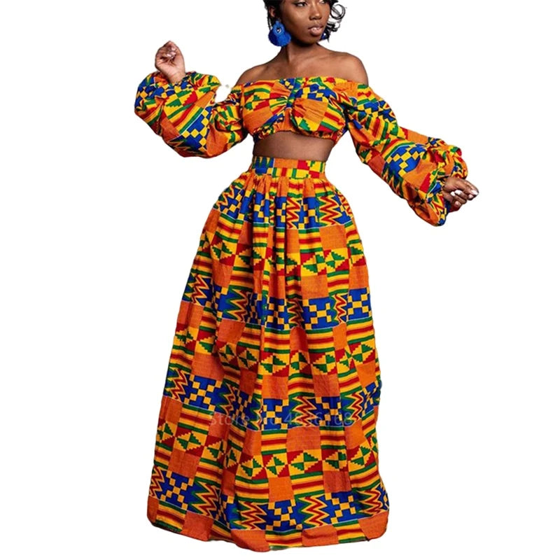 Women's Autumn African Dashiki 2-Piece Set Full Sleeve Off Shoulder Top with Feather Print and Split Skirt Traditional Ethnic Clothing
