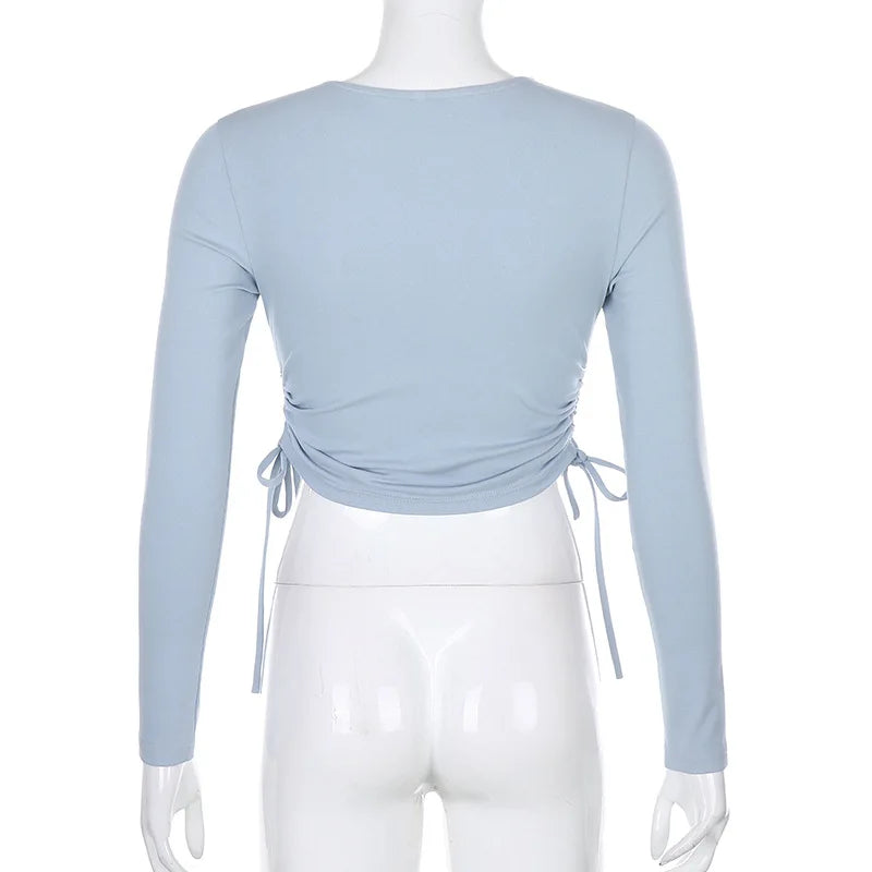 Sexy O-Neck Long Sleeve Bodycon Cropped Top with Irregular Drawstring Bandage Design for Women