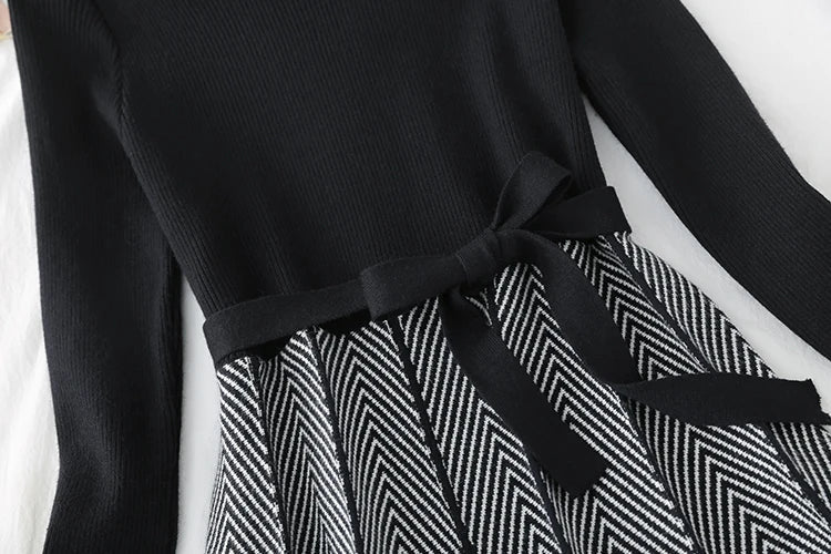 Knit Turtleneck A Line Dress With Long Sleeve Stripe Print