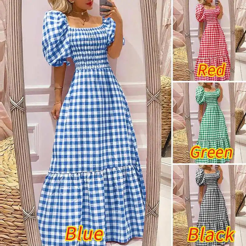 Boho Plaid Maxi Dress With Short Puff Sleeve For Summer