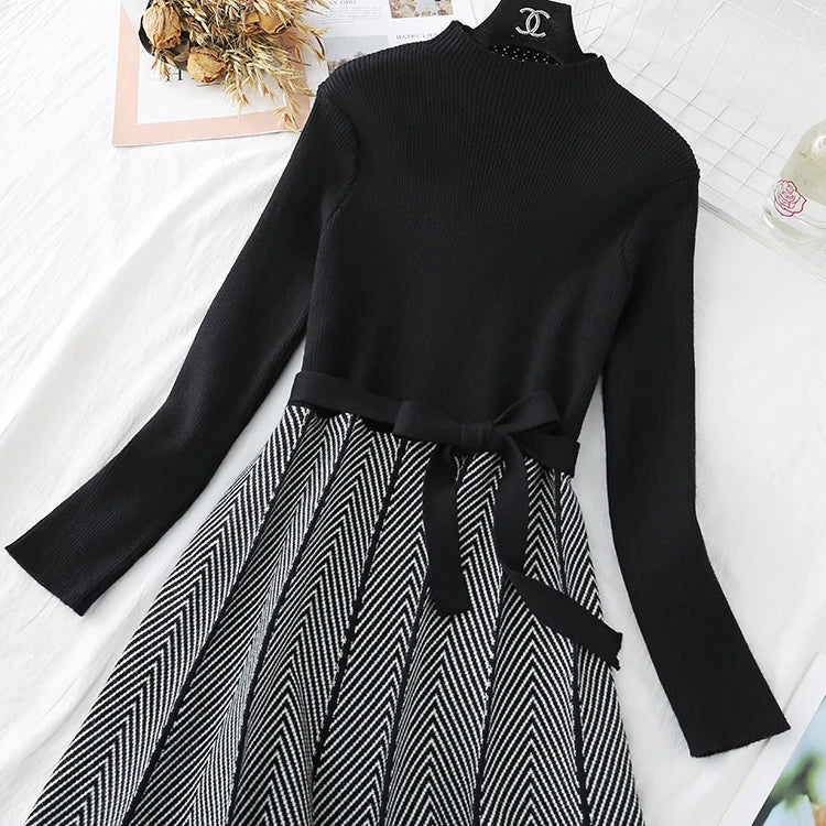 Knit Turtleneck A Line Dress With Long Sleeve Stripe Print