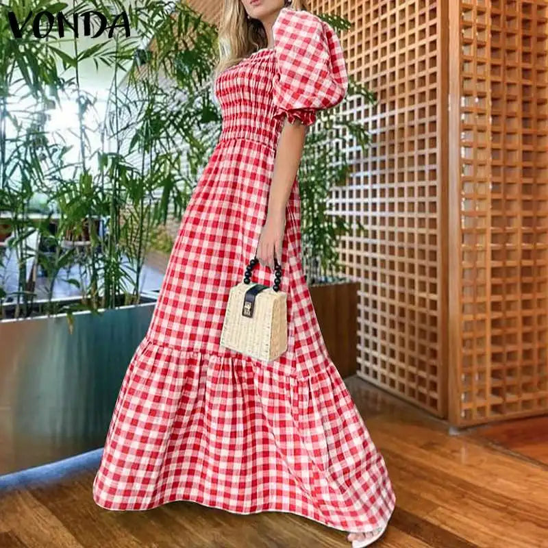 Boho Plaid Maxi Dress With Short Puff Sleeve For Summer