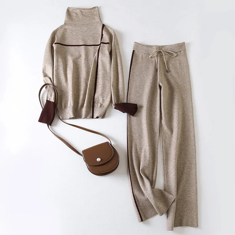 Knitted Sweater Suit Set for Women with Long Sleeve Pullover and Wide Leg Pants for Autumn and Winter Warmth