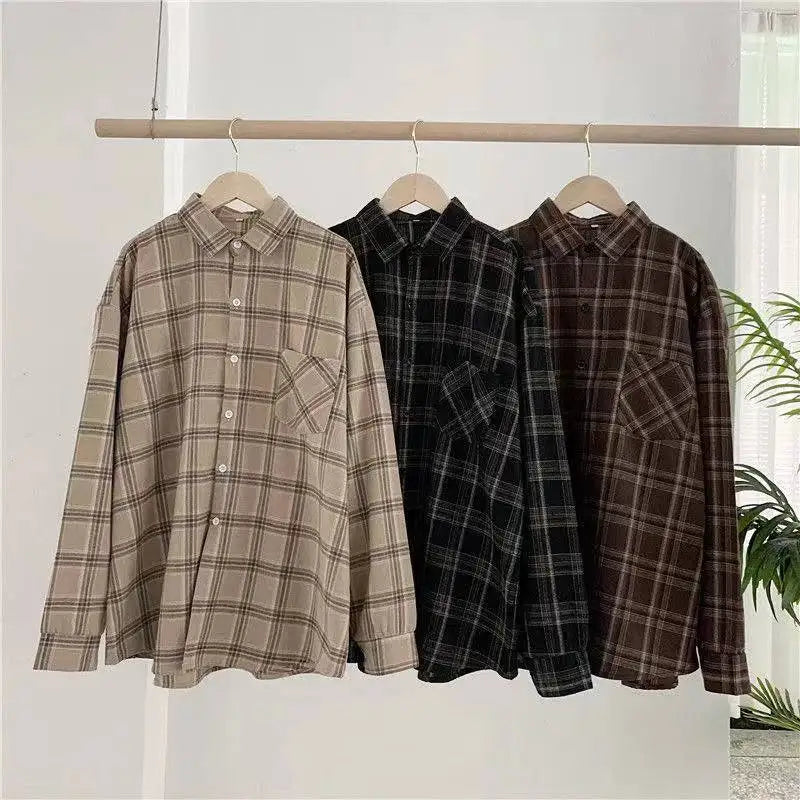 Vintage Plaid Oversize Button Up Shirt for Women Long Sleeve Casual Fall Outwear Top Blusas Mujer