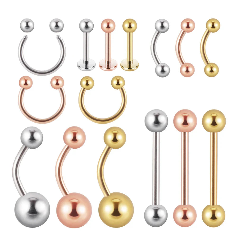 12 Piece Surgical Steel Piercing Jewelry Set with Gold Plated Black Rainbow Ear Nose and Eyebrow Labret 8mm