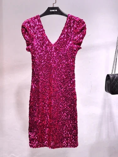 V Neck Sequin Stage Dress For Performance Glittering Look